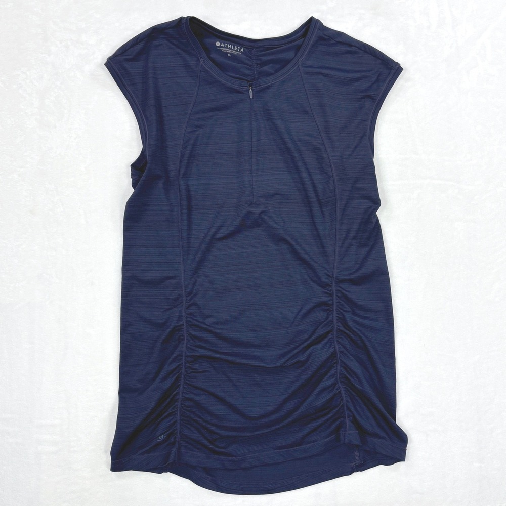 Athleta Womens Navy Space Dye Ruched Quarter Zip Sleeveless Cycling Jersey M